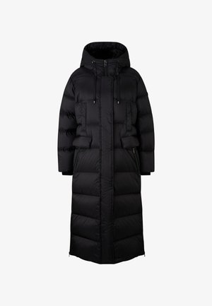 Black puffer coat with a hood, featuring a long, straight silhouette, quilted texture, and zippered side pockets. Drawstring closure at the neck.