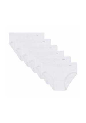 Satz von sechs weißen Baumwollslips für Kinder, jeweils mit einer kleinen dekorativen Schleife an der Taille.