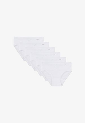 Satz von sechs weißen Baumwollslips für Kinder, jeweils mit einer kleinen dekorativen Schleife an der Taille.