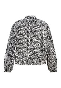 Kort jack met een zwart-wit zebrapatroon, lange mouwen met elastische manchetten en een hoog kraagontwerp. Gestructureerde stof.