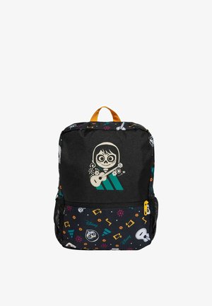 Zaino nero con personaggio scheletro dei cartoni animati che suona la chitarra, note musicali colorate, fiori e motivi con il logo Disney. Cerniera e manico gialli.