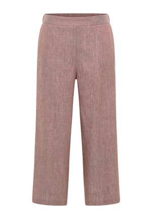 Weit geschnittene, knöchellange Hose aus strukturiertem malvenfarbenem Stoff mit tailliertem Bund und ohne sichtbare Taschen oder Verschlüsse.