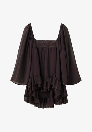 Blusa nera a maniche lunghe con scollo quadrato e orlo a balze stratificate, realizzata in tessuto morbido e fluido con dettagli di cucitura delicati.