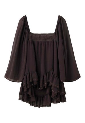 Blouse noire à manches longues avec encolure carrée et ourlet à volants superposés, avec un tissu fluide et ample ainsi que des détails de couture délicats.