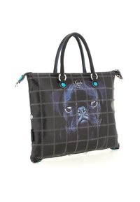 Borsa a mano in pelle nera con cuciture blu, due manici e un grande volto dettagliato di un bulldog francese stampato sulla parte anteriore.