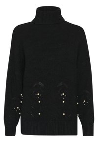 Svart stickad tröja med hög hals, med dekorativa perforerade mönster och pärlaccentuer på den nedre delen. Mjuk textur.