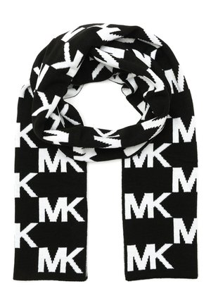 Écharpe noire et blanche avec motif répété de lettres "MK" en gras tricoté dans tout le tissu.