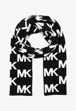 Écharpe noire et blanche avec motif répété de lettres "MK" en gras tricoté dans tout le tissu.