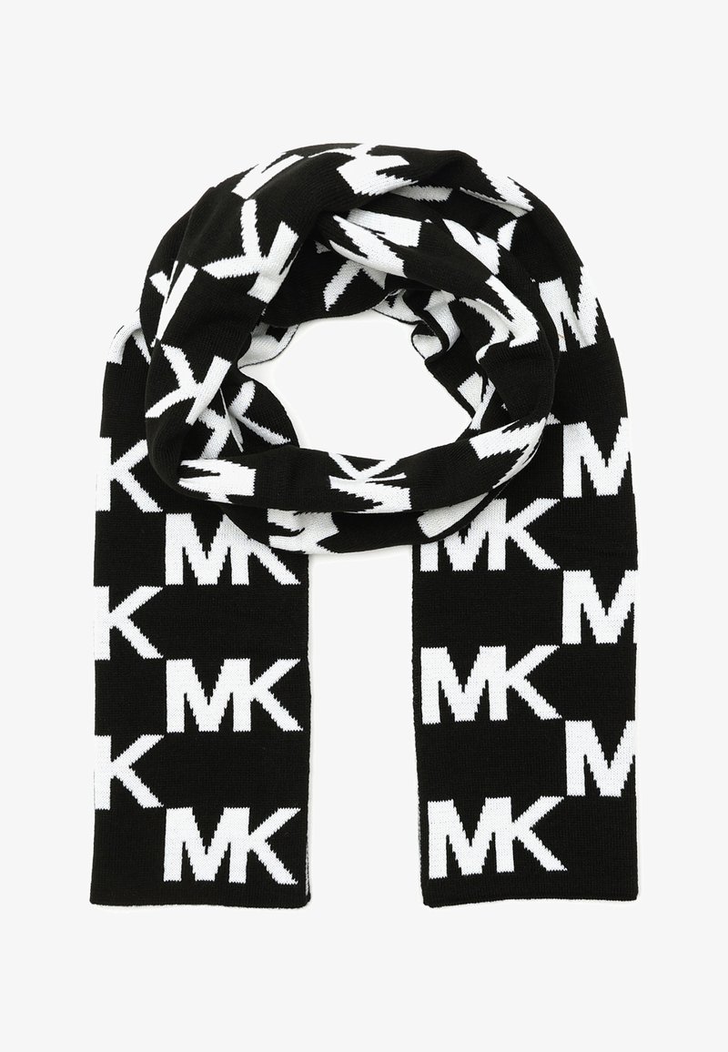 Écharpe noire et blanche avec motif répété de lettres "MK" en gras tricoté dans tout le tissu.
