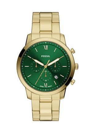 Montre en acier inoxydable doré avec un cadran rond vert, des marqueurs d'heure blancs, trois sous-cadrans et un affichage de la date à six heures.