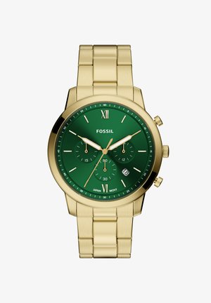 Montre en acier inoxydable doré avec un cadran rond vert, des marqueurs d'heure blancs, trois sous-cadrans et un affichage de la date à six heures.