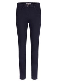 Jeans skinny bleu marine avec fermeture à bouton, quatre poches et un tissu lisse et extensible pour le confort et un bon ajustement.