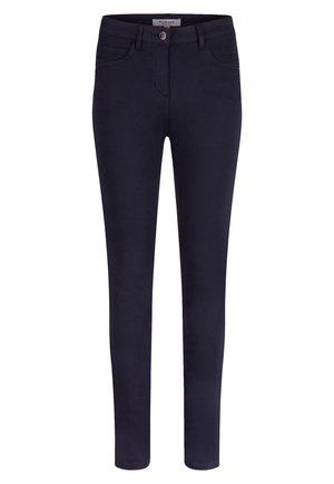 Jeans skinny blu navy con chiusura a bottone, quattro tasche e un tessuto liscio e elasticizzato per comfort e aderenza.