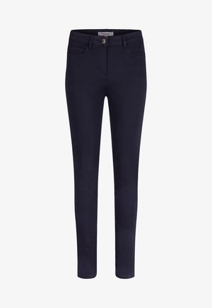 Jeans skinny blu navy con chiusura a bottone, quattro tasche e un tessuto liscio e elasticizzato per comfort e aderenza.