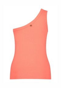 Eén-schouder, geribbelde tanktop in fel koraal, met een ronde metalen accent bij de schouder. Vloeiende textuur en aansluitende pasvorm.