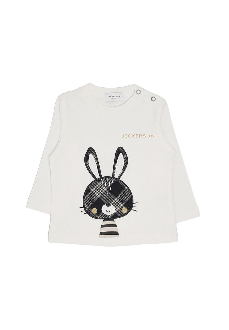 Camicia bianca a maniche lunghe con un design di coniglio a quadri bianco e nero, caratterizzata da accenti gialli e bottoni a pressione sulla spalla.
