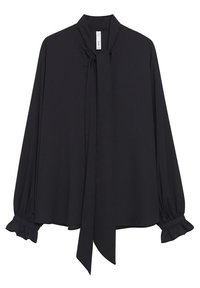 Zwarte blouse met lange mouwen, striknek en klokmouwen. Glad materiaal, losse pasvorm en geen zichtbare patronen of hardware-details.