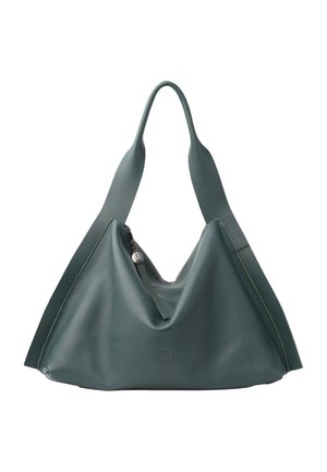 Leather handbag in dark green with a soft, slouchy shape. Features a zip closure and wide, flat handles. Accented with subtle stitching details.