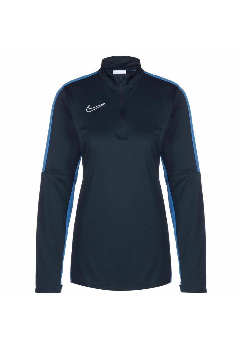 Marineblaues langärmliges Sportshirt mit hohem Kragen und blauen Seitestreifen. Es hat einen Reißverschluss bis zur Hälfte vorne und ein weißes Nike-Logo auf der Brust.
