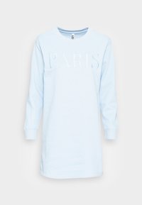 Vaaleansininen college-mekko pitkilla hihoilla ja kohokuvioidulla "PARIS" -painatuksella edessä. Pehmeä materiaali ja rento istuvuus.