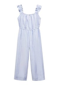 Vaaleansininen haalari, jossa on rypytetyt olkaimet, joustava vyötärö ja leveät lahkeet. Kappaleessa on pystysuoria raitoja sekä pehmeä, teksturoitu kangas.