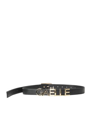Cintura in pelle nera con logo "GAELLE" dorato sul davanti, dotata di una fibbia classica e fori per la regolazione lungo la cinghia.