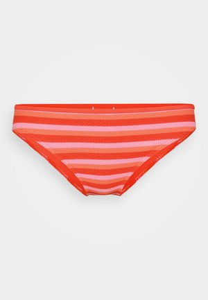 Rood gestreepte bikinionderkant van een textuurstof, met afwisselende tinten rood en roze. Biedt een middenhoge stijl met elastische afwerking.