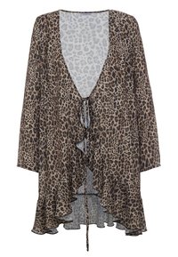 Kimono en motif léopard en tissu léger et transparent, avec un décolleté en V profond, un ourlet froncé et une fermeture à nouer à l'avant.