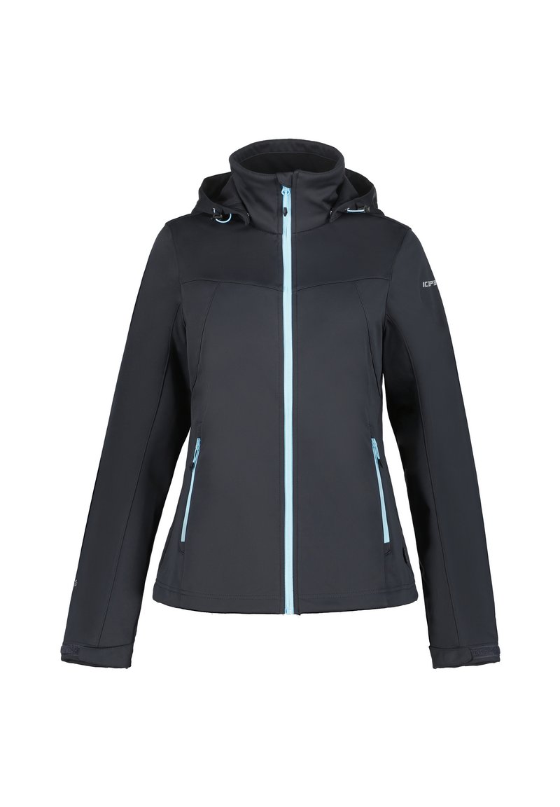 Veste softshell noire avec un col montant, une fermeture éclair bleu clair, deux poches avant et une capuche avec cordon de serrage ajustable.