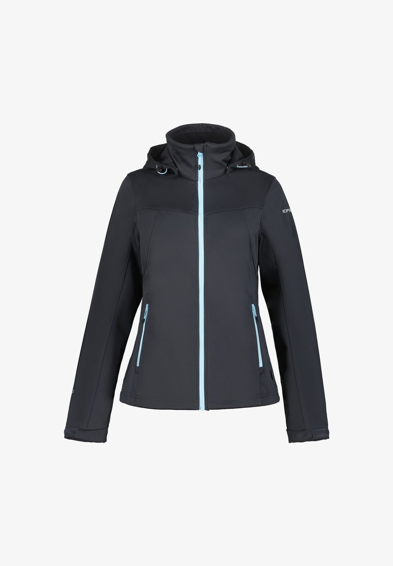 Black softshell jacket featuring a high collar, light blue zipper, two front pockets, and adjustable drawstring hood.