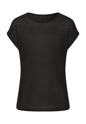 Black short-sleeve knitted top with round neckline and breathable open-weave pattern throughout.