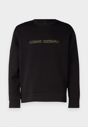 Felpa nera con logo "Armani Exchange" in ricamo dorato. Design classico a girocollo con maniche lunghe e polsini a costine.