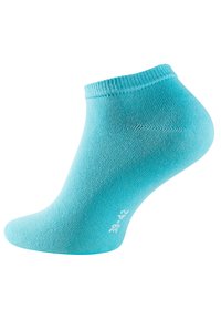 Calzino azzurro chiaro alla caviglia con bordo a costine, texture liscia e forma sagomata. Taglia indicata come 36-41 sulla suola.