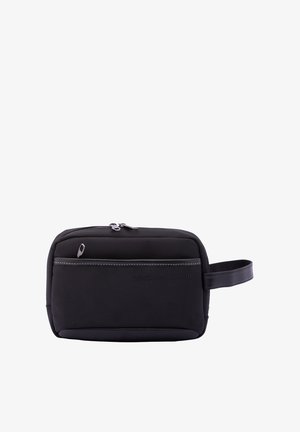 Borsa da toeletta nera in nylon con texture liscia, forma rettangolare, chiusura superiore con zip, tasca frontale con zip e manico laterale.