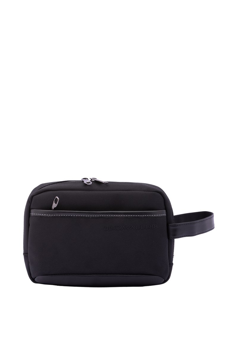 Borsa da toeletta nera in nylon con texture liscia, forma rettangolare, chiusura superiore con zip, tasca frontale con zip e manico laterale.
