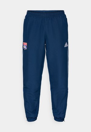 Blauwe sportbroek met een elastische tailleband, voorzien van witte zijkanten en het logo van Olympique Lyonnais op de linkerdij.