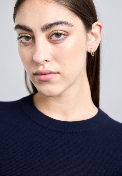 Young woman with straight brown hair, wearing a navy blue sweater and small gold hoop earrings, facing forward with a neutral expression.