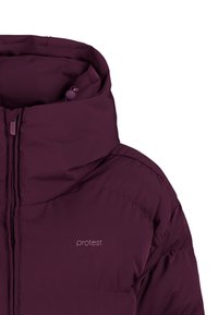 Dark purple padded jacket with high collar, front zipper, and small "protest" logo on the chest.