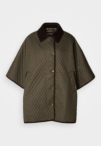 Gequilted olijfgroene jas met een bruine corduroy kraag, drukknoopsluiten en zijzakken. Heeft een gestructureerd ruitpatroon.