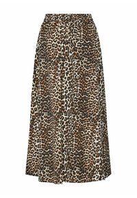 Leparda raksta svārki vieglā audumā, ar elastīgu jostasvīru, izplūdušu formu, un kontrastējošām brūnām, melnām un krēmkrāsas krāsām.