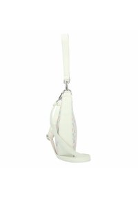 Witte crossbody tas met een geometrisch patroon in pastelkleuren. Gemaakt van synthetisch materiaal, met een afneembare schouderband en zilveren hardware.