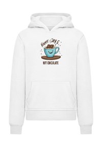 Hvit hettegenser med et grafisk trykk av en turkise kaffekopp med svaiende sjokolade, teksten "HAPPY DAYS HOT CHOCOLATE" over i brunt.
