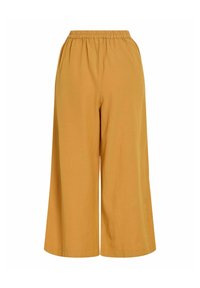 Pantalon large jaune moutarde ample avec taille élastique, longueur raccourcie, sans poches visibles ni ornements.