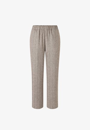 Beige tweedbroeken met hoge taille en rechte pijpen, voorzien van een elastische tailleband, zonder zichtbare zakken of versieringen, met een vlakke voorkant.