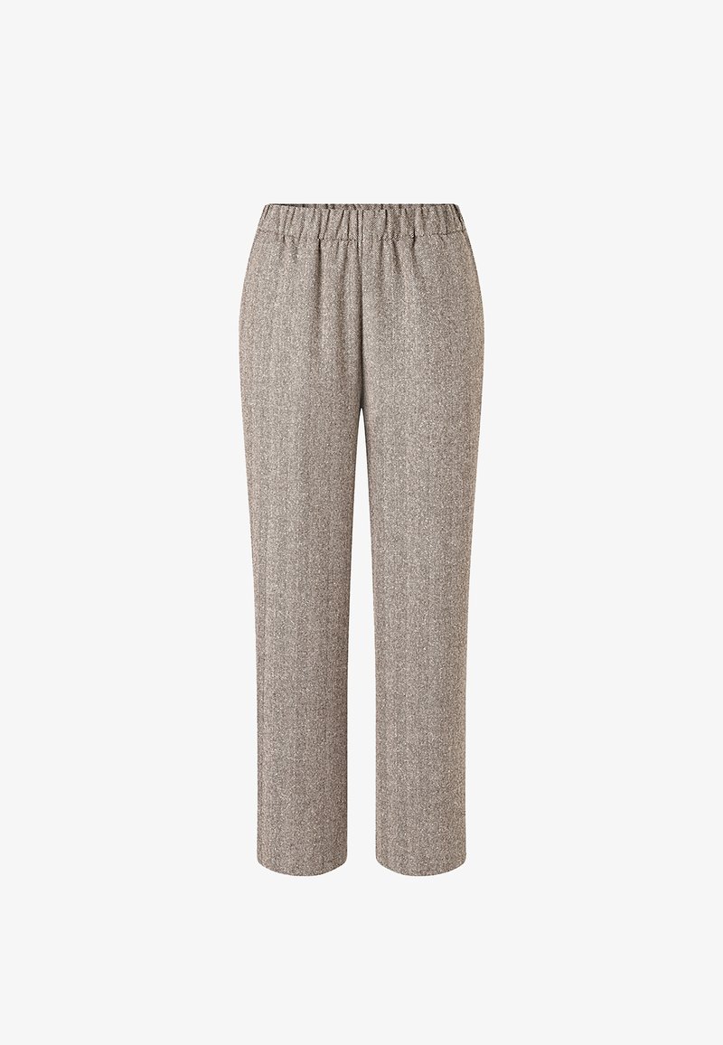 Högmidjade, raka beige tweedbyxor med elastisk midja, utan synliga fickor eller dekorationer, platt frontdesign.