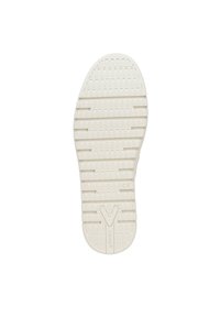 Semelle de chaussure en caoutchouc blanc avec des rainures texturées, des crêtes et un logo en 'V' central. Présente un marquage CE pour conformité.