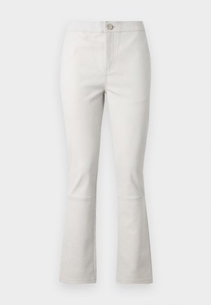 Light gray flared pants made of cotton blend. Features front pockets, a button closure, and subtle stitching details along the seams.