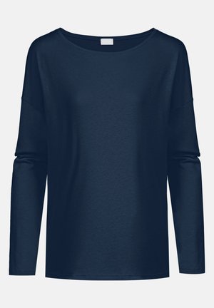 Marineblauwe langarmshirt van zachte stof, met een brede halslijn en een ontspannen pasvorm met verlaagde schouders. Eenvoudig en naadloos ontwerp.