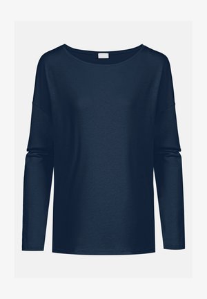 Navy blue long-sleeve shirt made of soft fabric, featuring a wide neckline and relaxed fit with dropped shoulders. Simple and seamless design.