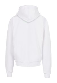 Weißer Kapuzenpullover aus weichem Stoff, mit lockerer Passform, gerippten Bündchen und Saum, und einem schlichten, klaren Design. Keine Grafiken oder Muster.